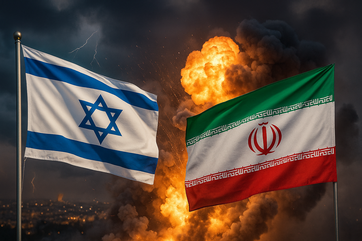 Israel iran war kanoonplus. Israel and Iran flags in front of explosion and smoke symbolizing war tension and global conflict