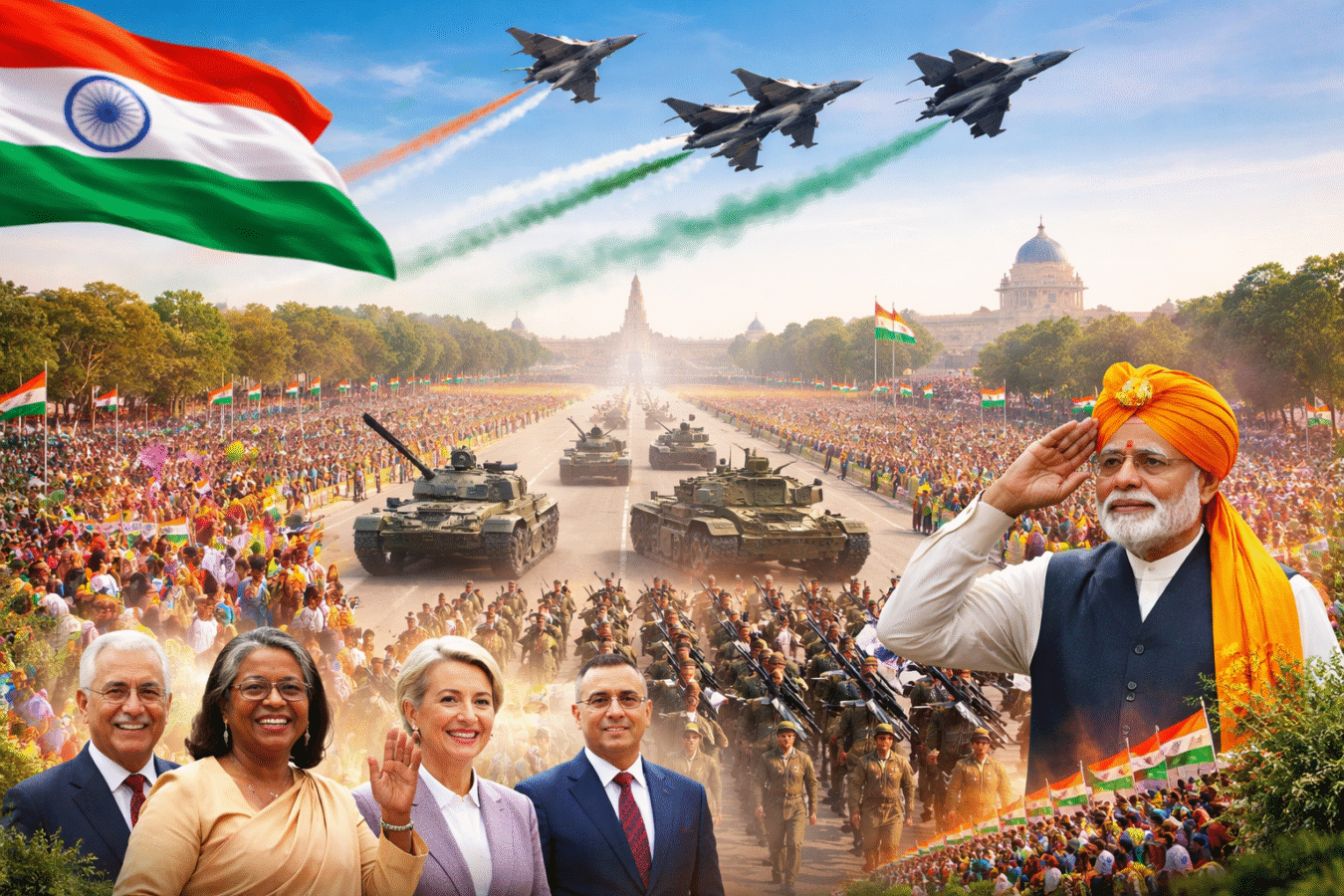 epublic Day 2026 parade at Kartavya Path with tricolour flypast and ceremonial march in New Delhi.”