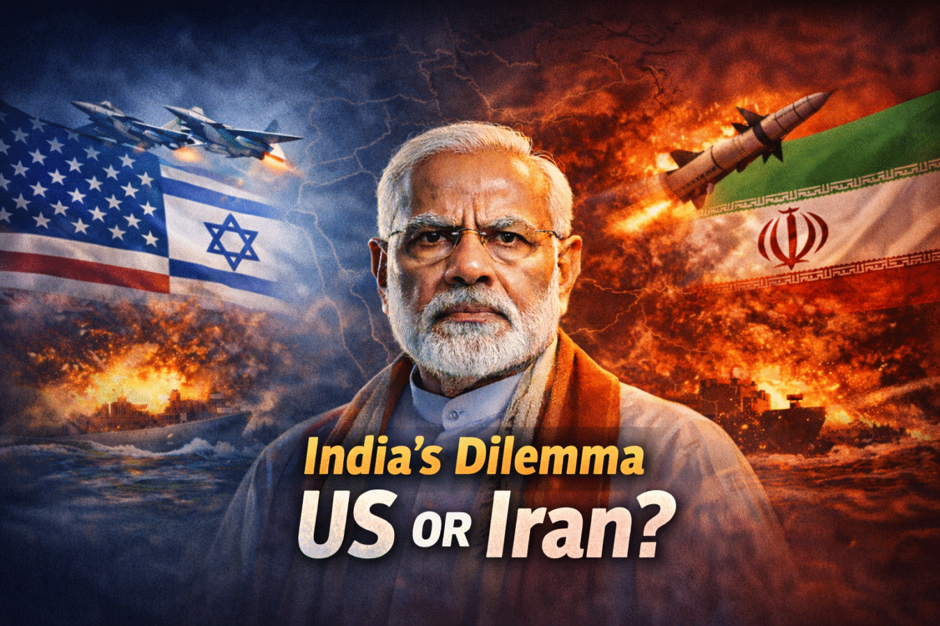 Prime Minister Narendra Modi positioned between US-Israel alliance imagery and Iran conflict visuals symbolizing India’s geopolitical dilemma.