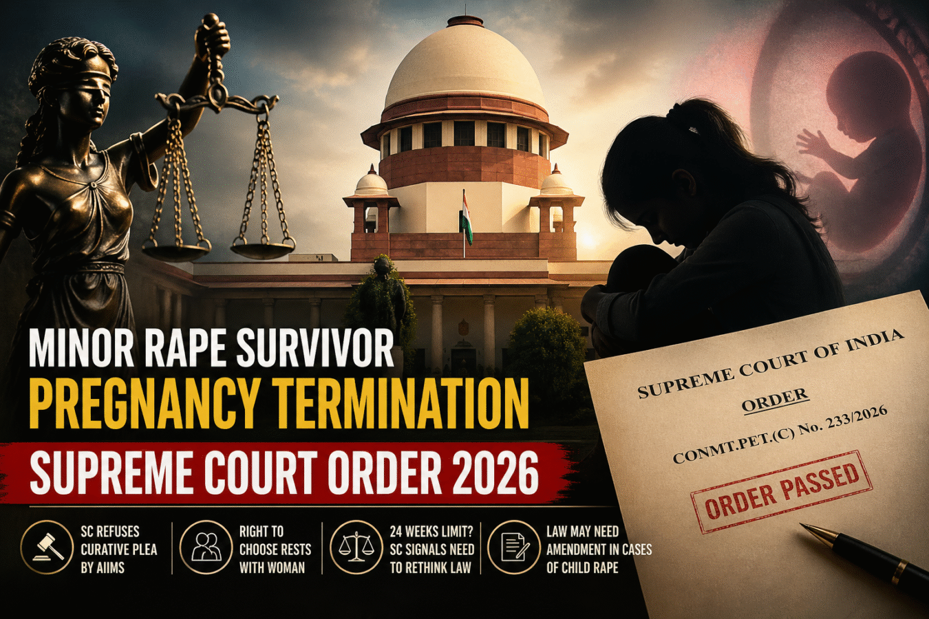 Symbolic image of Supreme Court of India, Lady Justice, legal documents, and distressed minor silhouette representing pregnancy termination case.