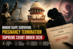 Symbolic image of Supreme Court of India, Lady Justice, legal documents, and distressed minor silhouette representing pregnancy termination case.