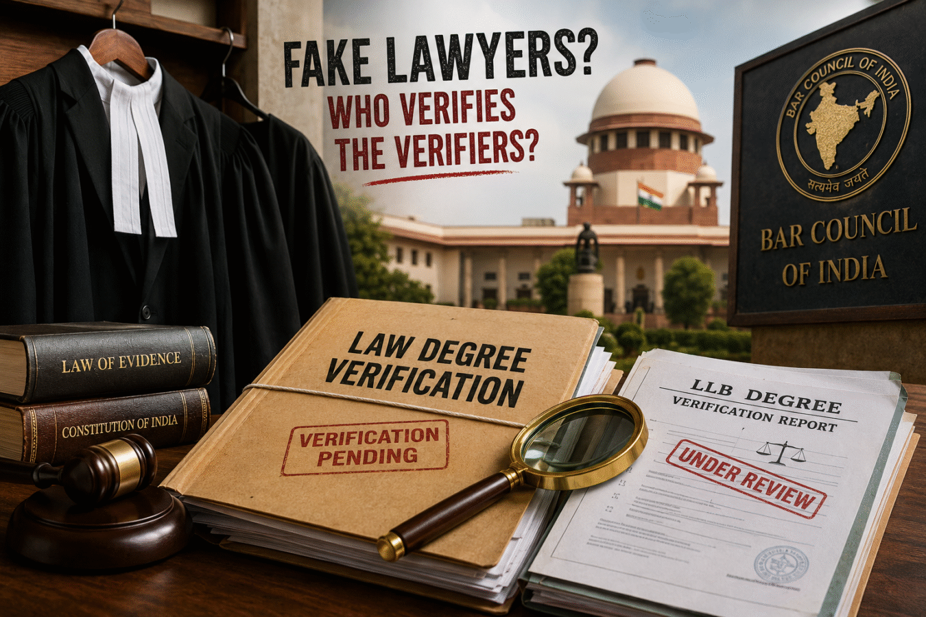 Black lawyer robes and law degree verification files symbolising CJI Surya Kant’s concern over alleged fake lawyers in India.