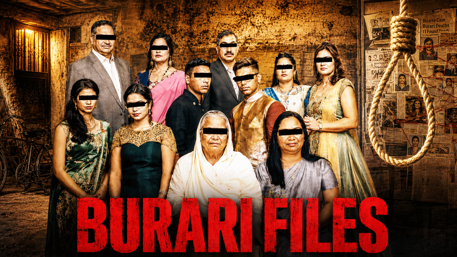 Burari Deaths forensic criminological and legal analysis showing an investigative scene with case files, evidence board and symbolic family silhouettes