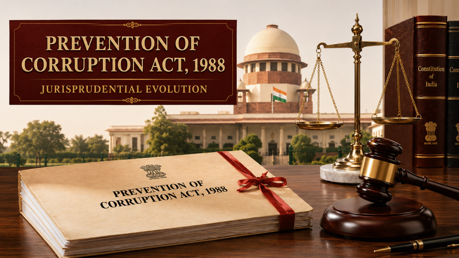 Prevention of Corruption Act 1988 jurisprudential evolution with Supreme Court of India, scales of justice, gavel and legal files